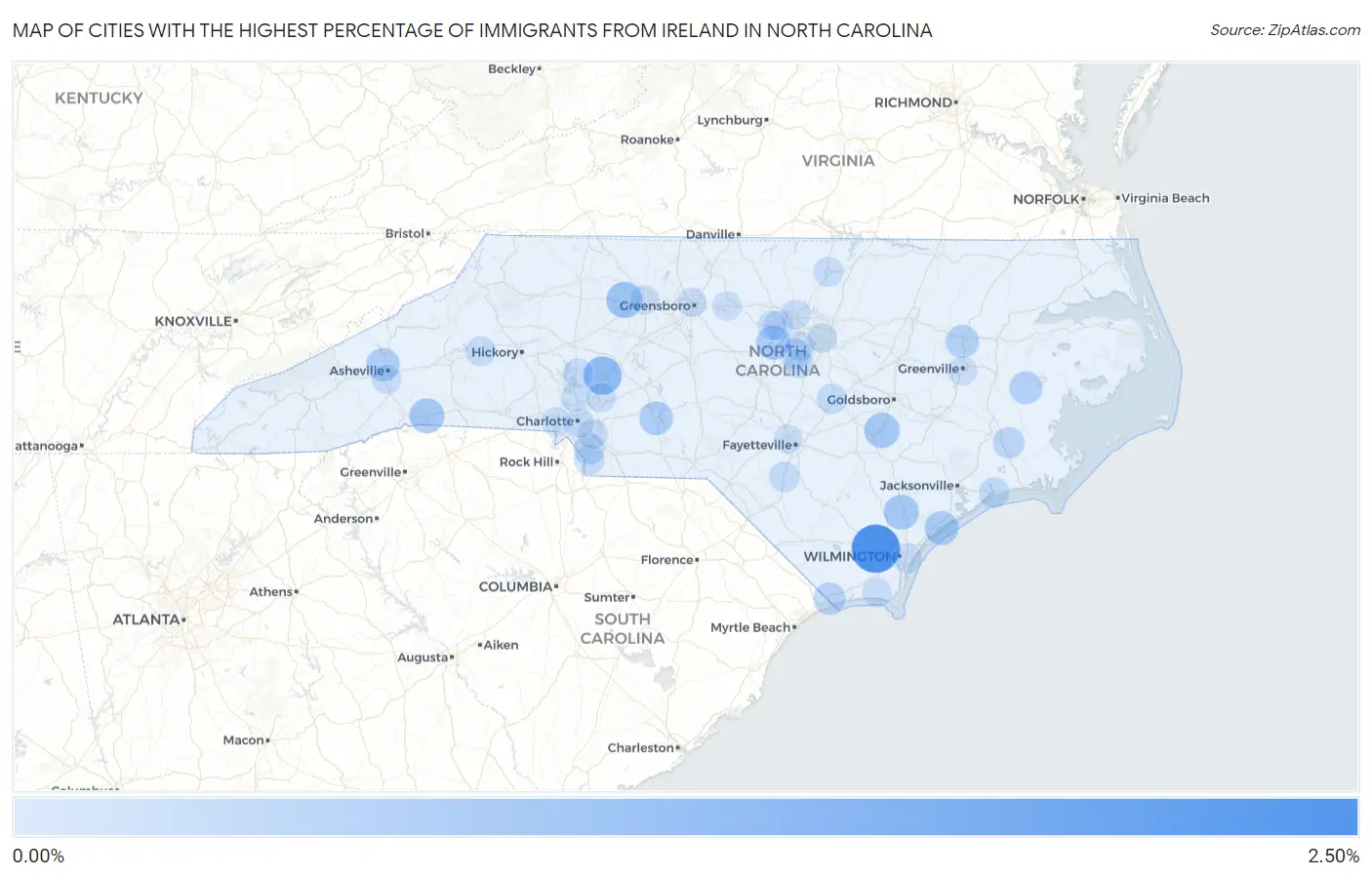 Cities with the Highest Percentage of Immigrants from Ireland in North Carolina Map