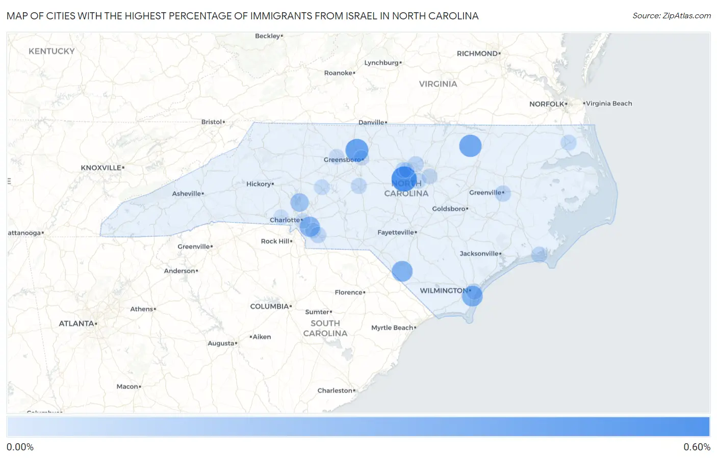 Cities with the Highest Percentage of Immigrants from Israel in North Carolina Map