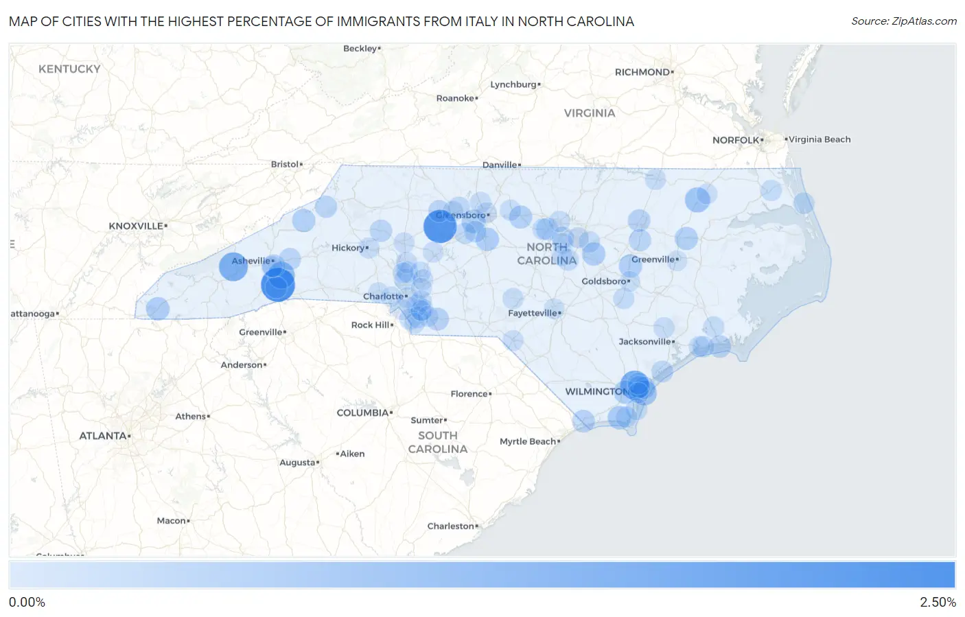 Cities with the Highest Percentage of Immigrants from Italy in North Carolina Map