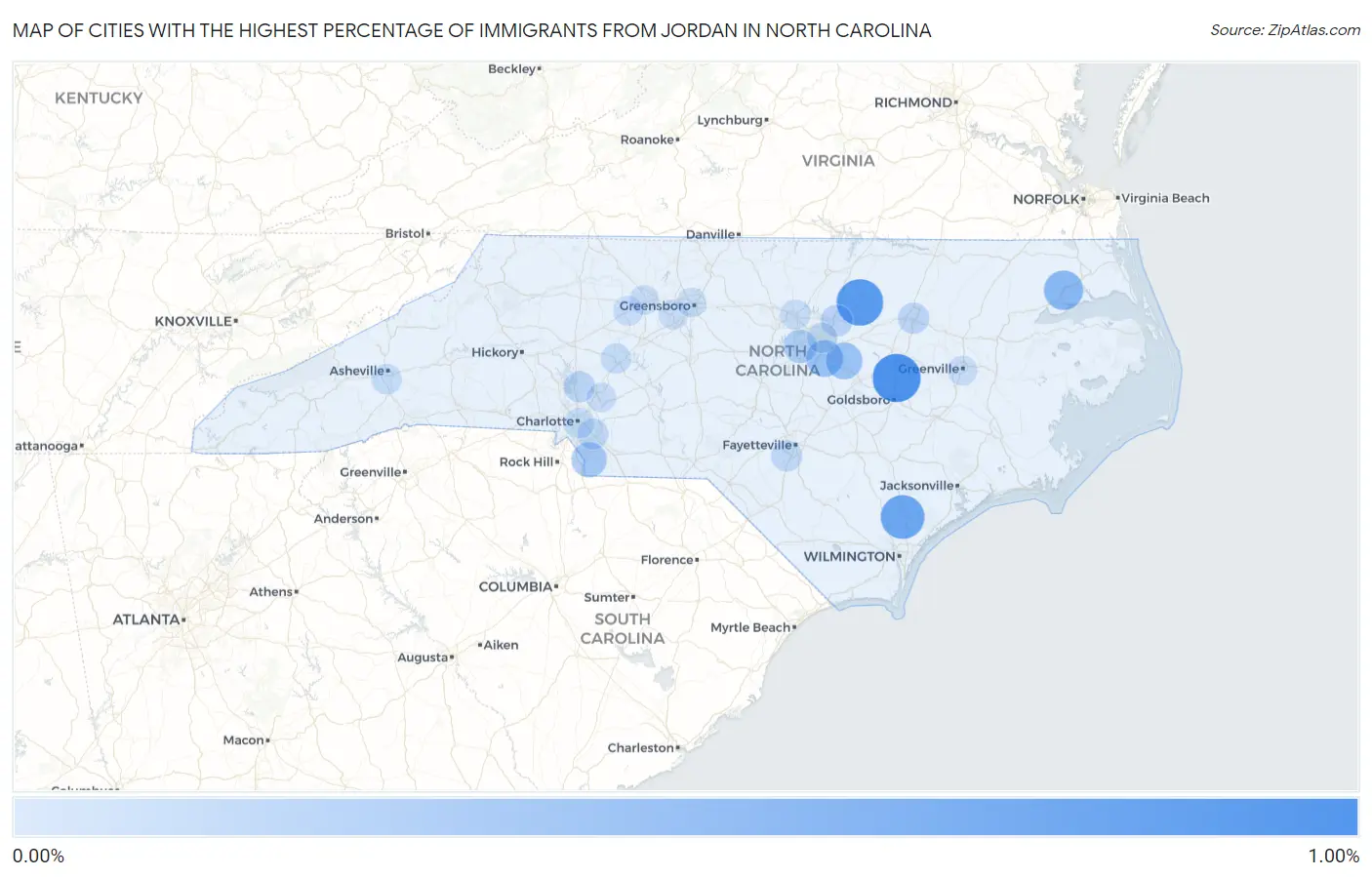 Cities with the Highest Percentage of Immigrants from Jordan in North Carolina Map