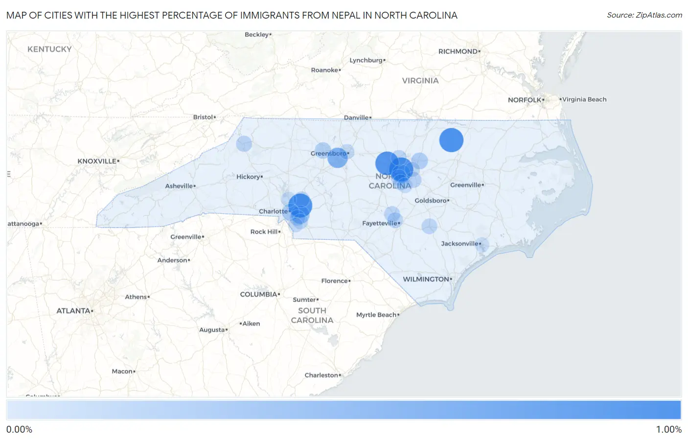Cities with the Highest Percentage of Immigrants from Nepal in North Carolina Map