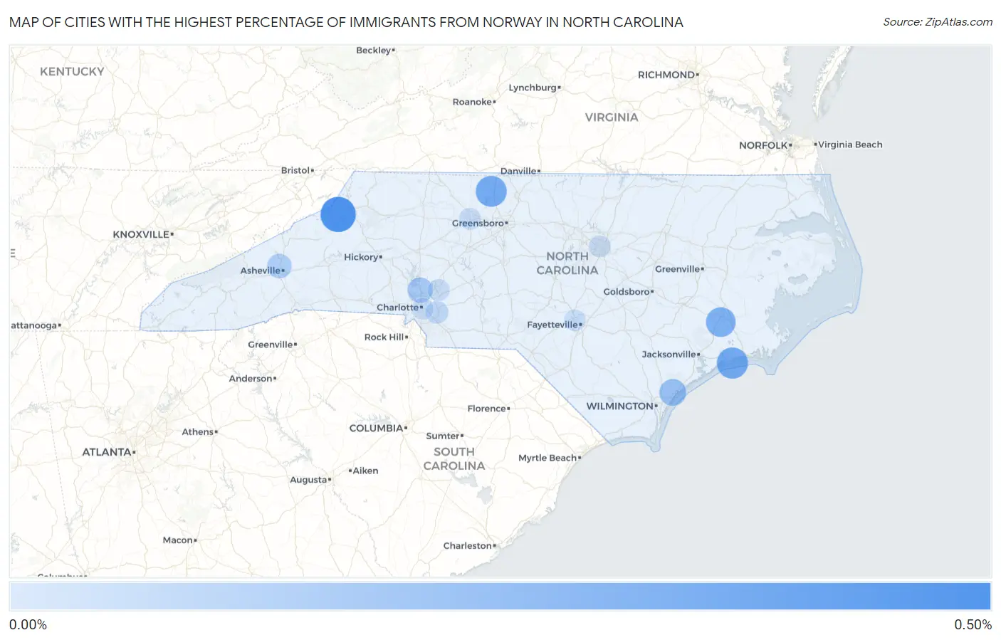 Cities with the Highest Percentage of Immigrants from Norway in North Carolina Map