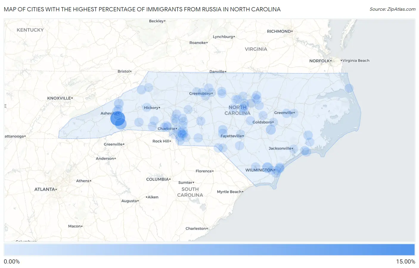 Cities with the Highest Percentage of Immigrants from Russia in North Carolina Map