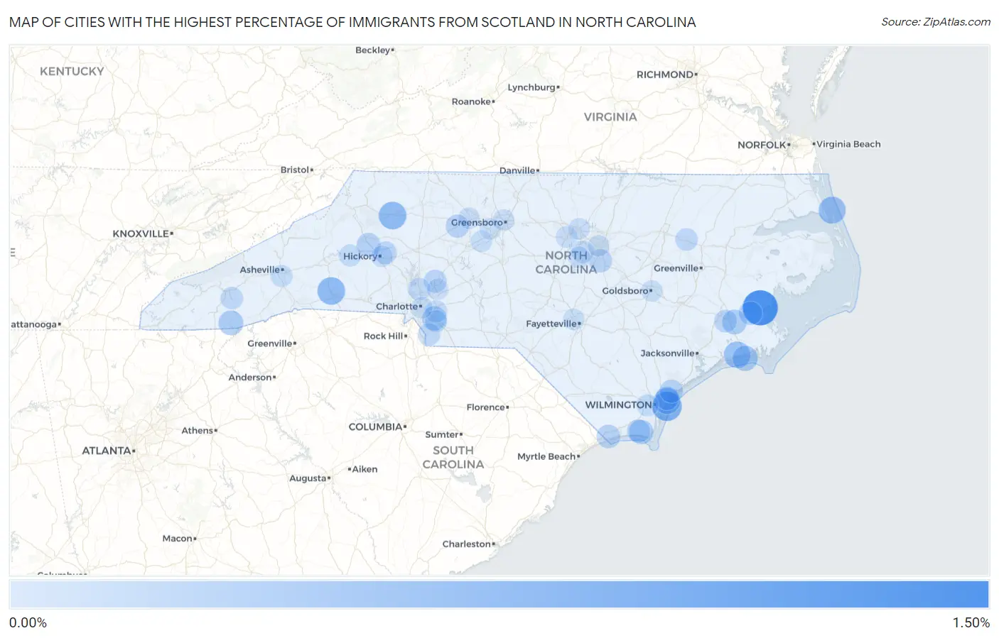 Cities with the Highest Percentage of Immigrants from Scotland in North Carolina Map