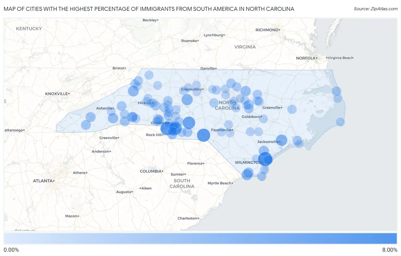 Cities with the Highest Percentage of Immigrants from South America in North Carolina Map