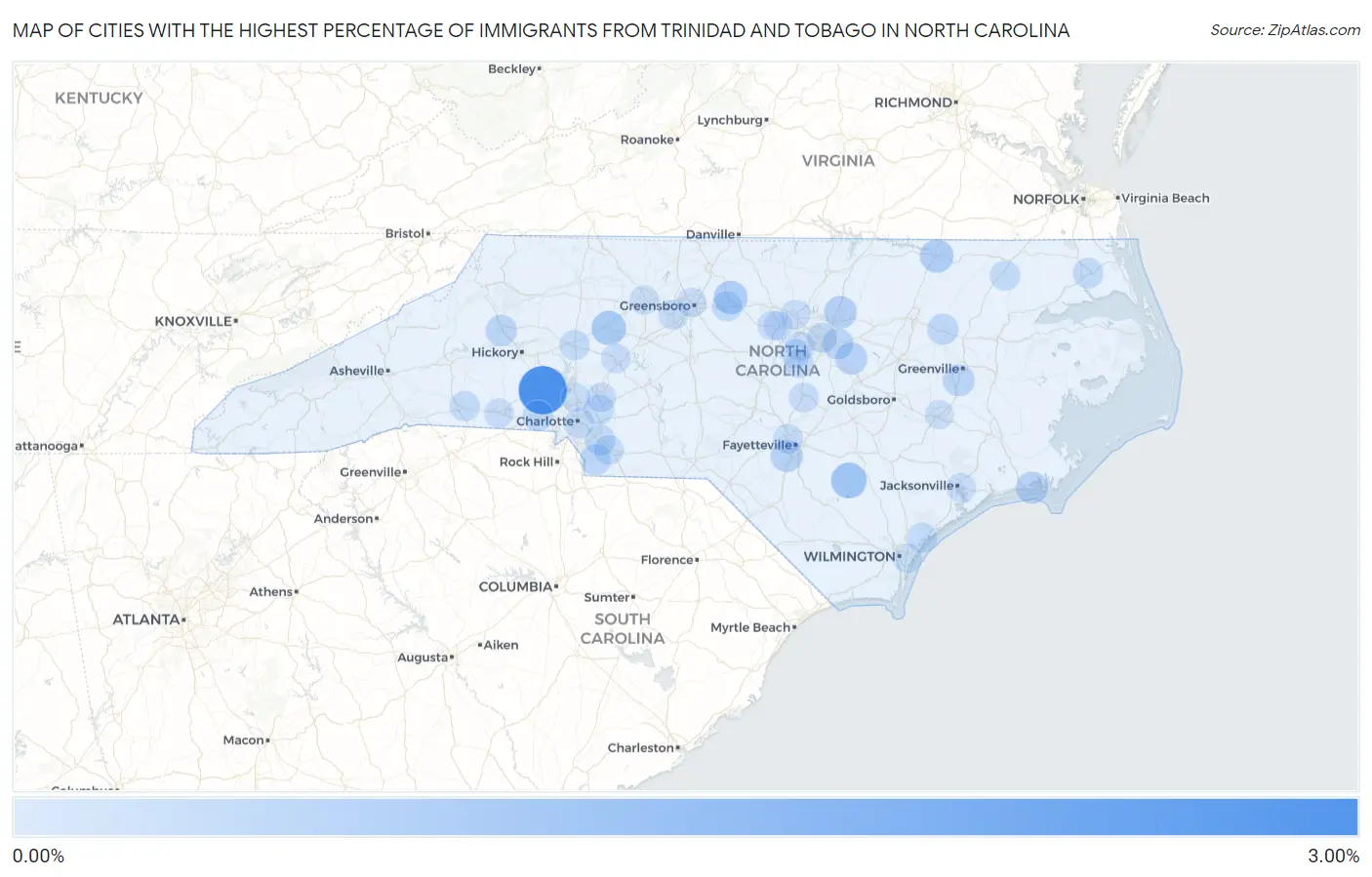 Cities with the Highest Percentage of Immigrants from Trinidad and Tobago in North Carolina Map