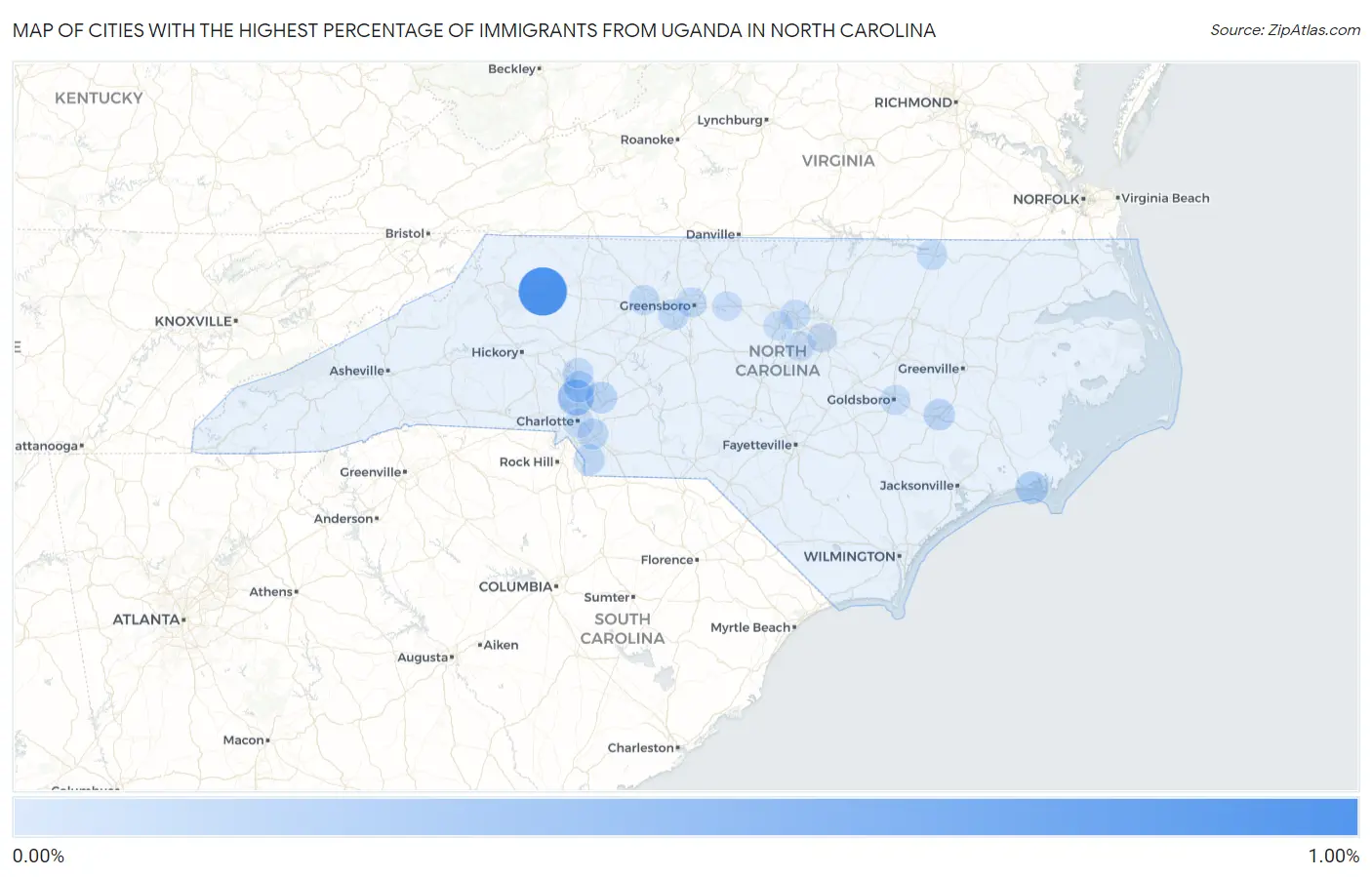 Cities with the Highest Percentage of Immigrants from Uganda in North Carolina Map