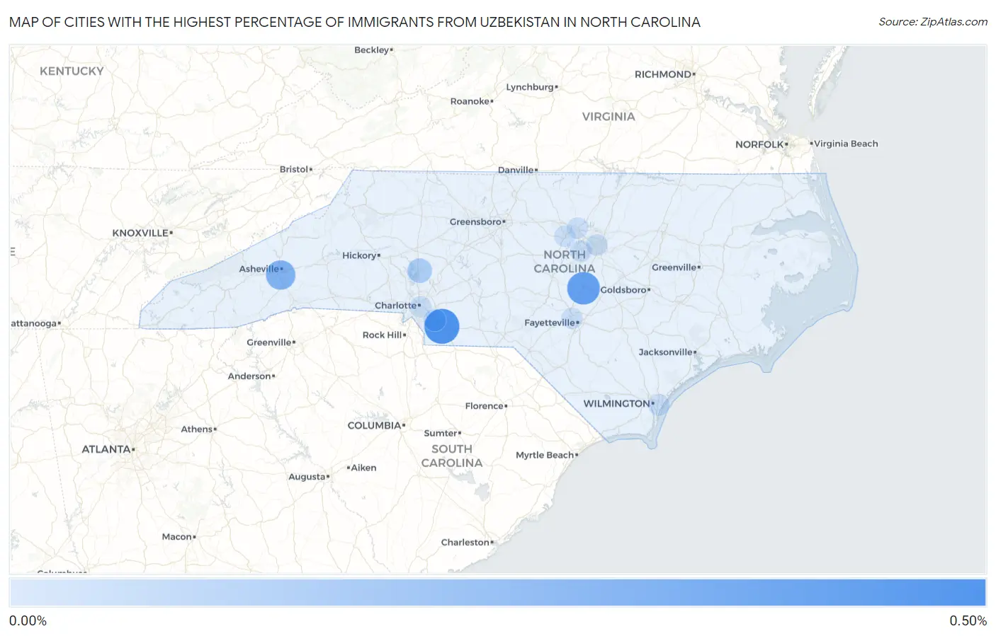 Cities with the Highest Percentage of Immigrants from Uzbekistan in North Carolina Map