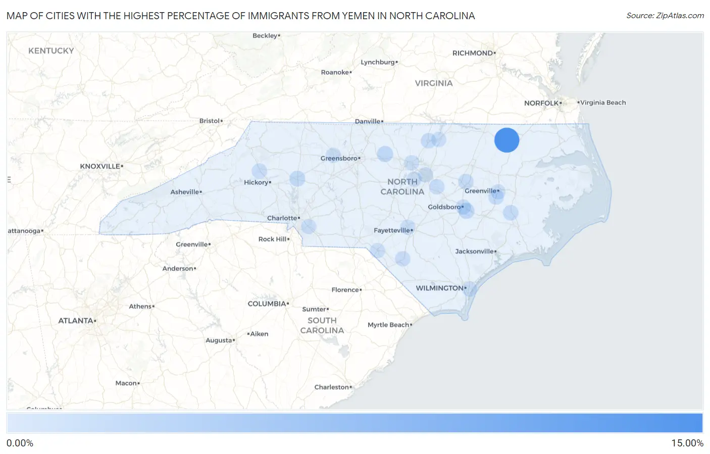 Cities with the Highest Percentage of Immigrants from Yemen in North Carolina Map