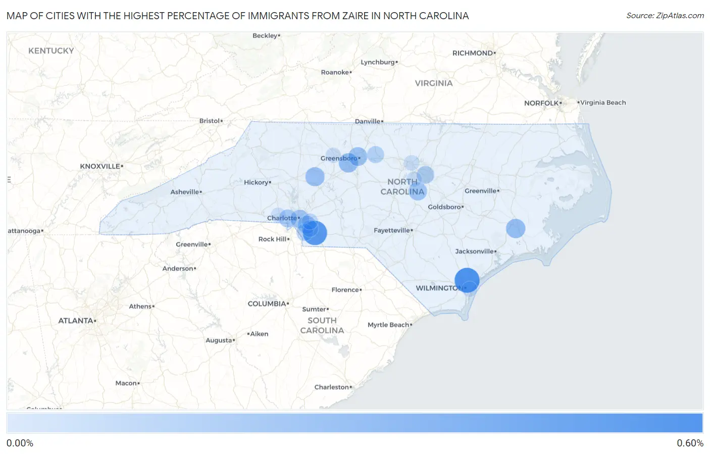 Cities with the Highest Percentage of Immigrants from Zaire in North Carolina Map