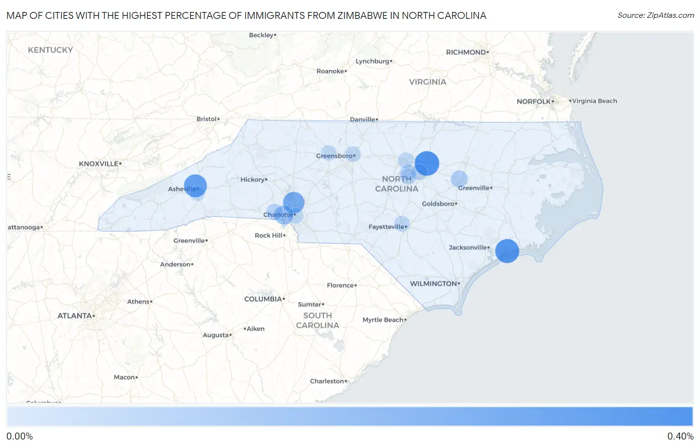 Cities with the Highest Percentage of Immigrants from Zimbabwe in North Carolina Map