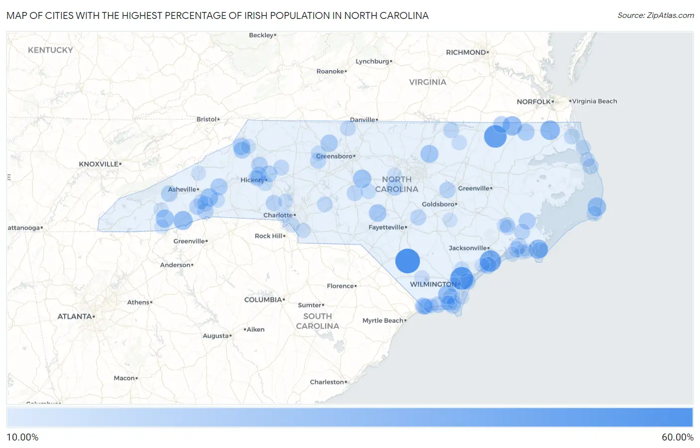 Cities with the Highest Percentage of Irish Population in North Carolina Map