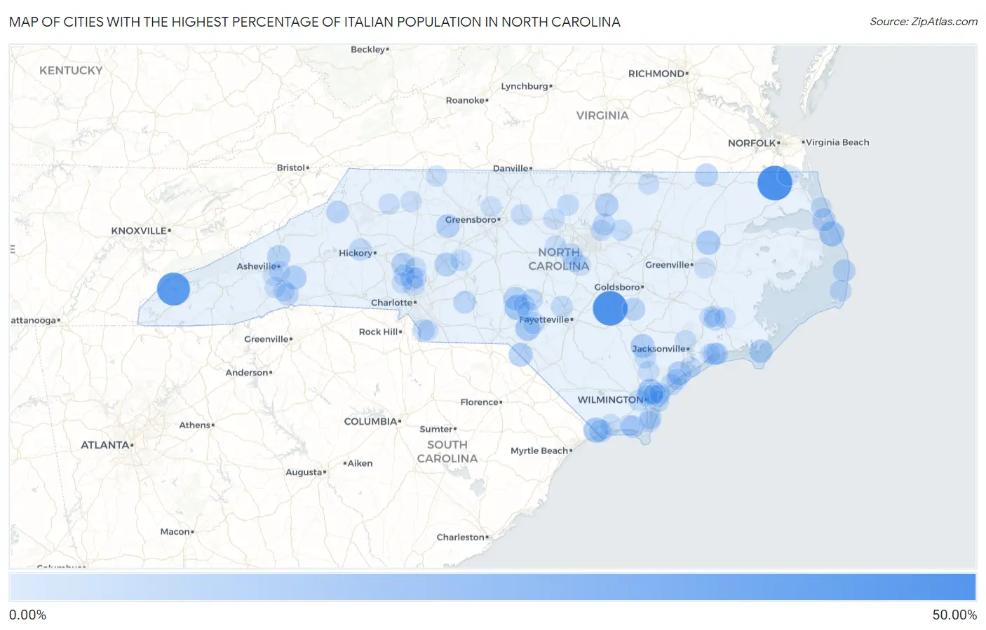 Cities with the Highest Percentage of Italian Population in North Carolina Map