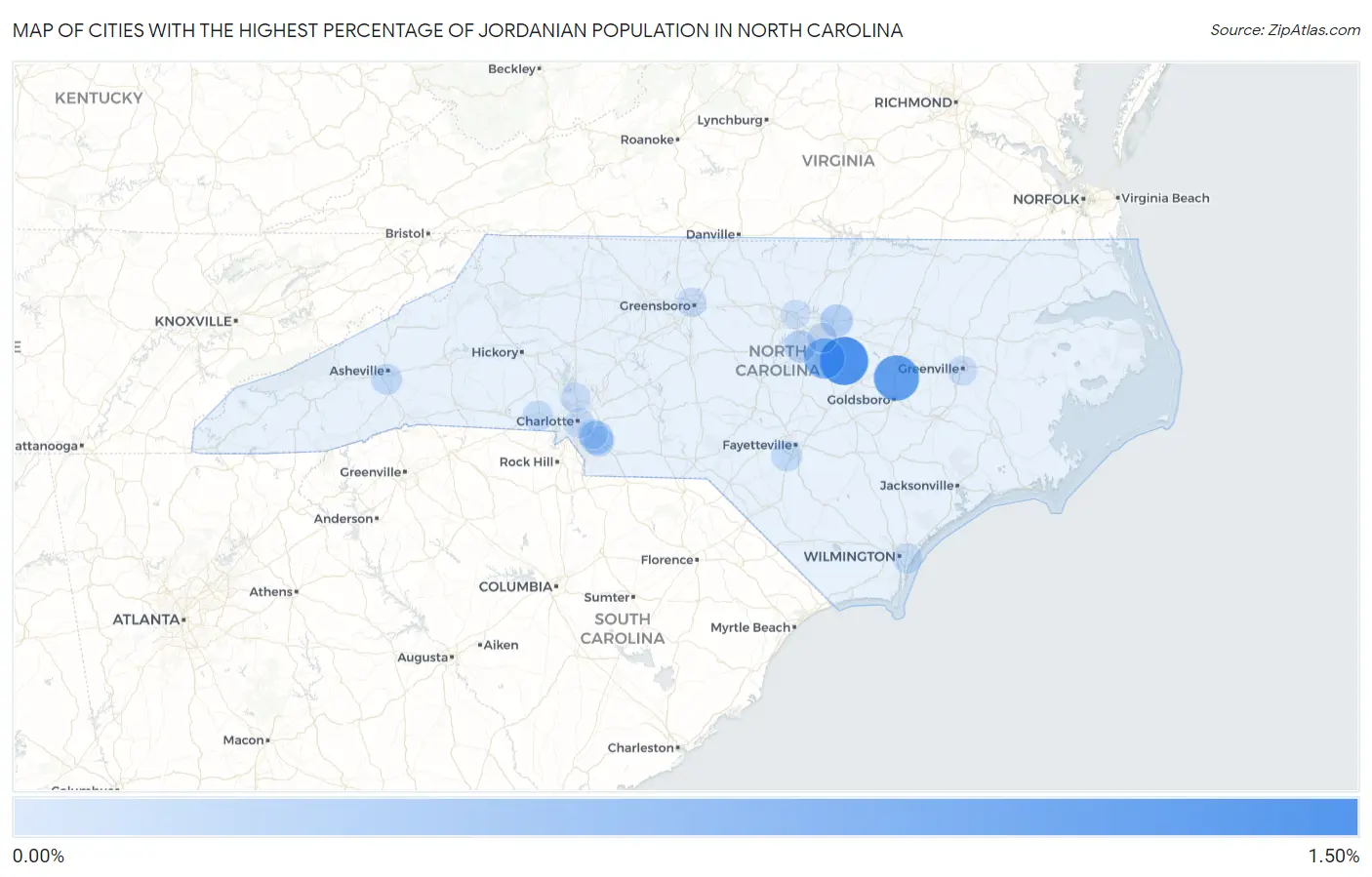 Cities with the Highest Percentage of Jordanian Population in North Carolina Map