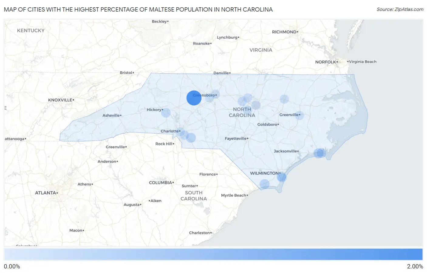 Cities with the Highest Percentage of Maltese Population in North Carolina Map