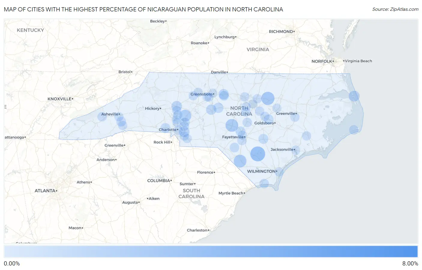 Cities with the Highest Percentage of Nicaraguan Population in North Carolina Map