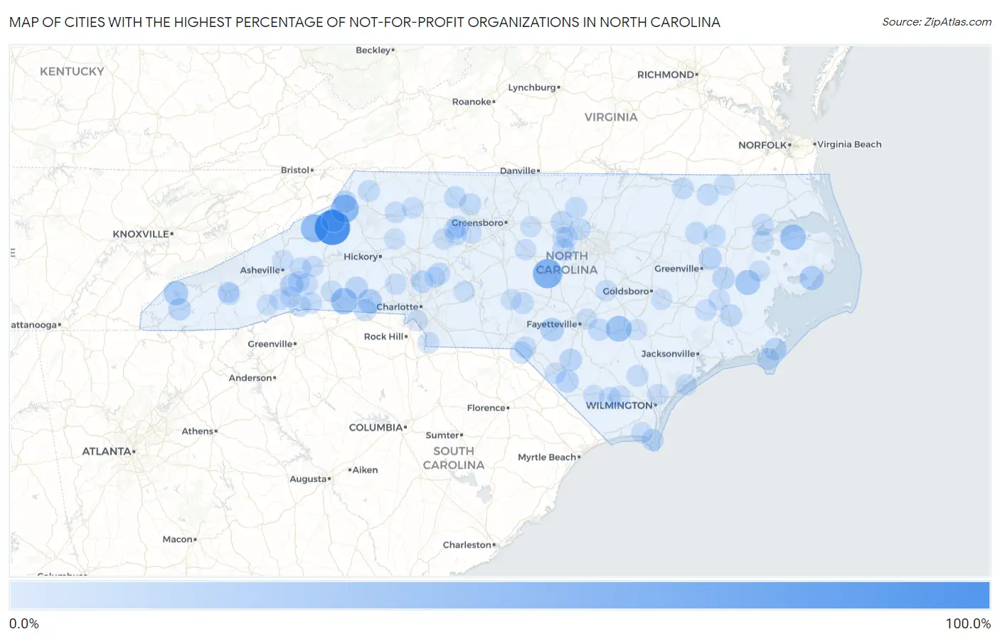 Cities with the Highest Percentage of Not-for-profit Organizations in North Carolina Map