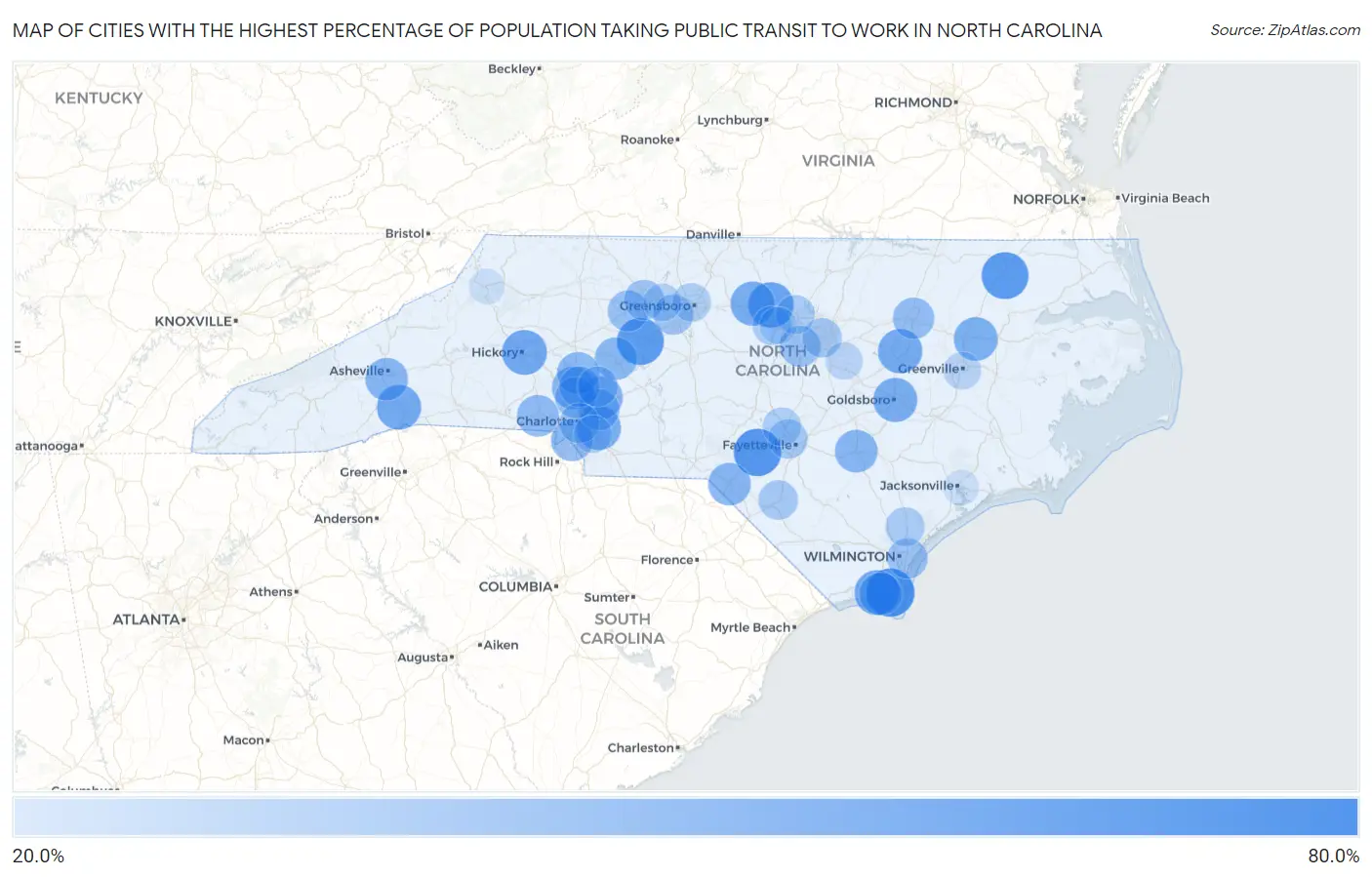 Cities with the Highest Percentage of Population Taking Public Transit to Work in North Carolina Map