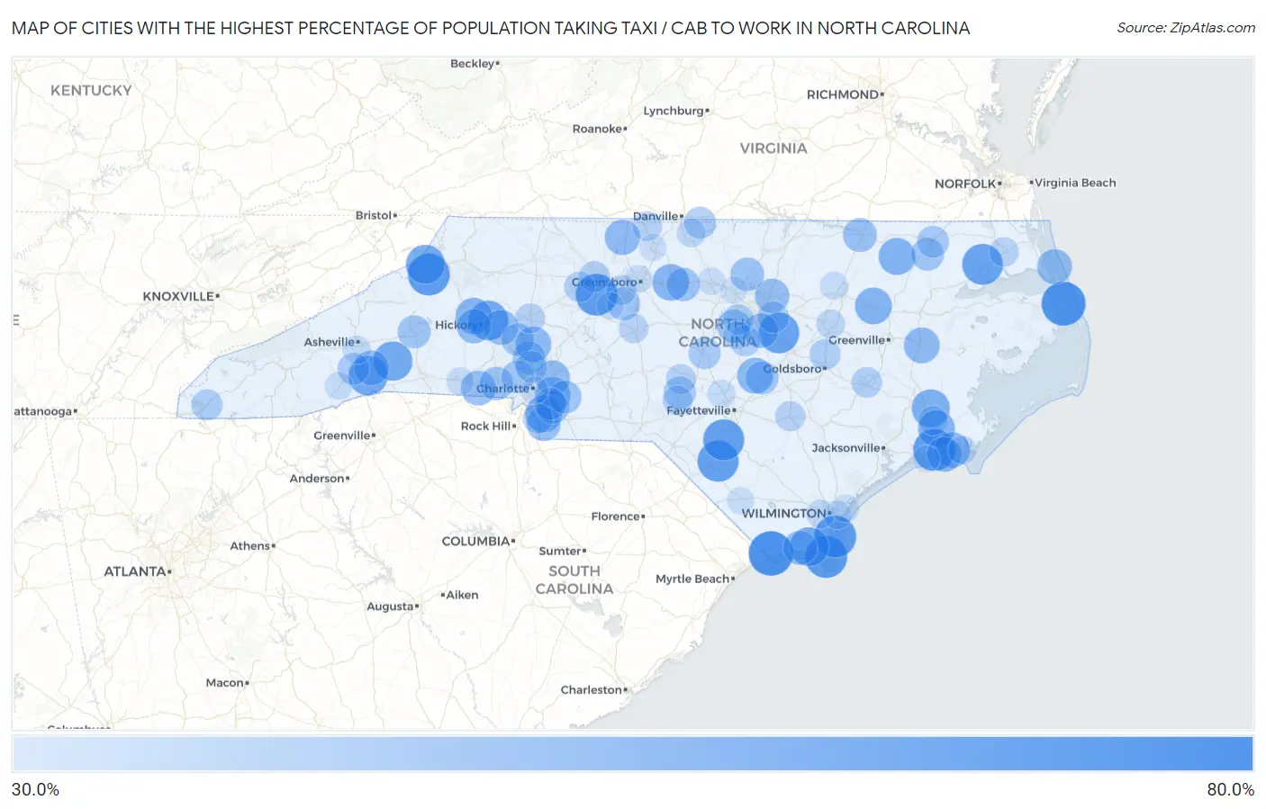 Cities with the Highest Percentage of Population Taking Taxi / Cab to Work in North Carolina Map