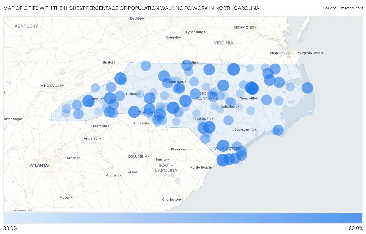Cities with the Highest Percentage of Population Walking to Work in North Carolina Map
