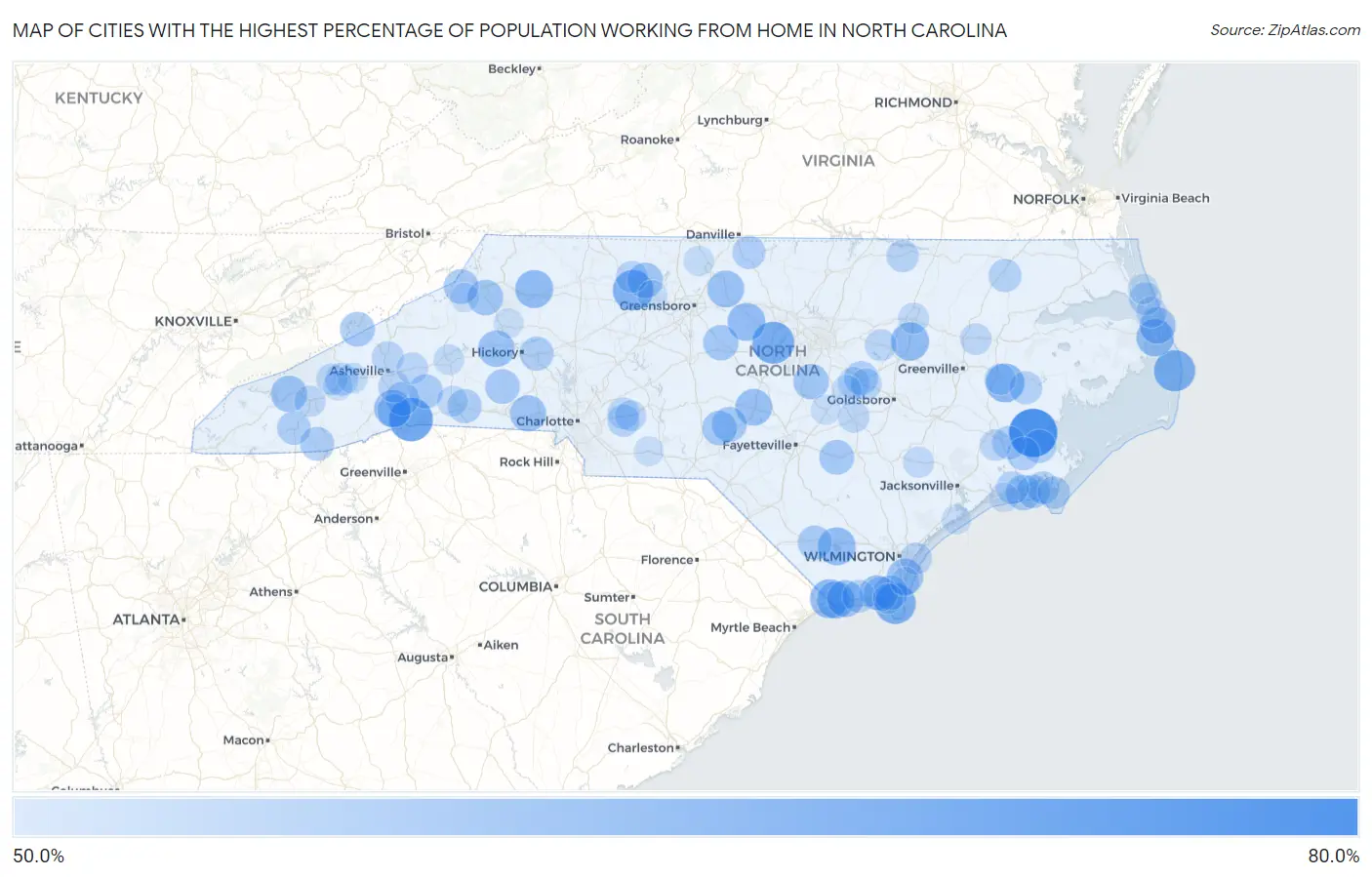 Cities with the Highest Percentage of Population Working from Home in North Carolina Map