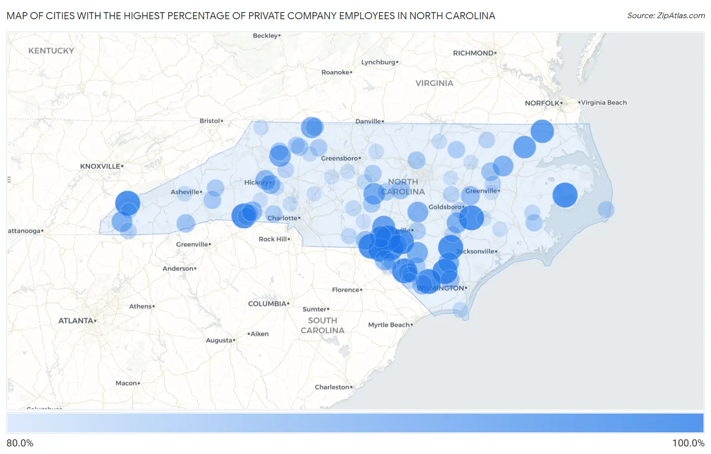 Cities with the Highest Percentage of Private Company Employees in North Carolina Map