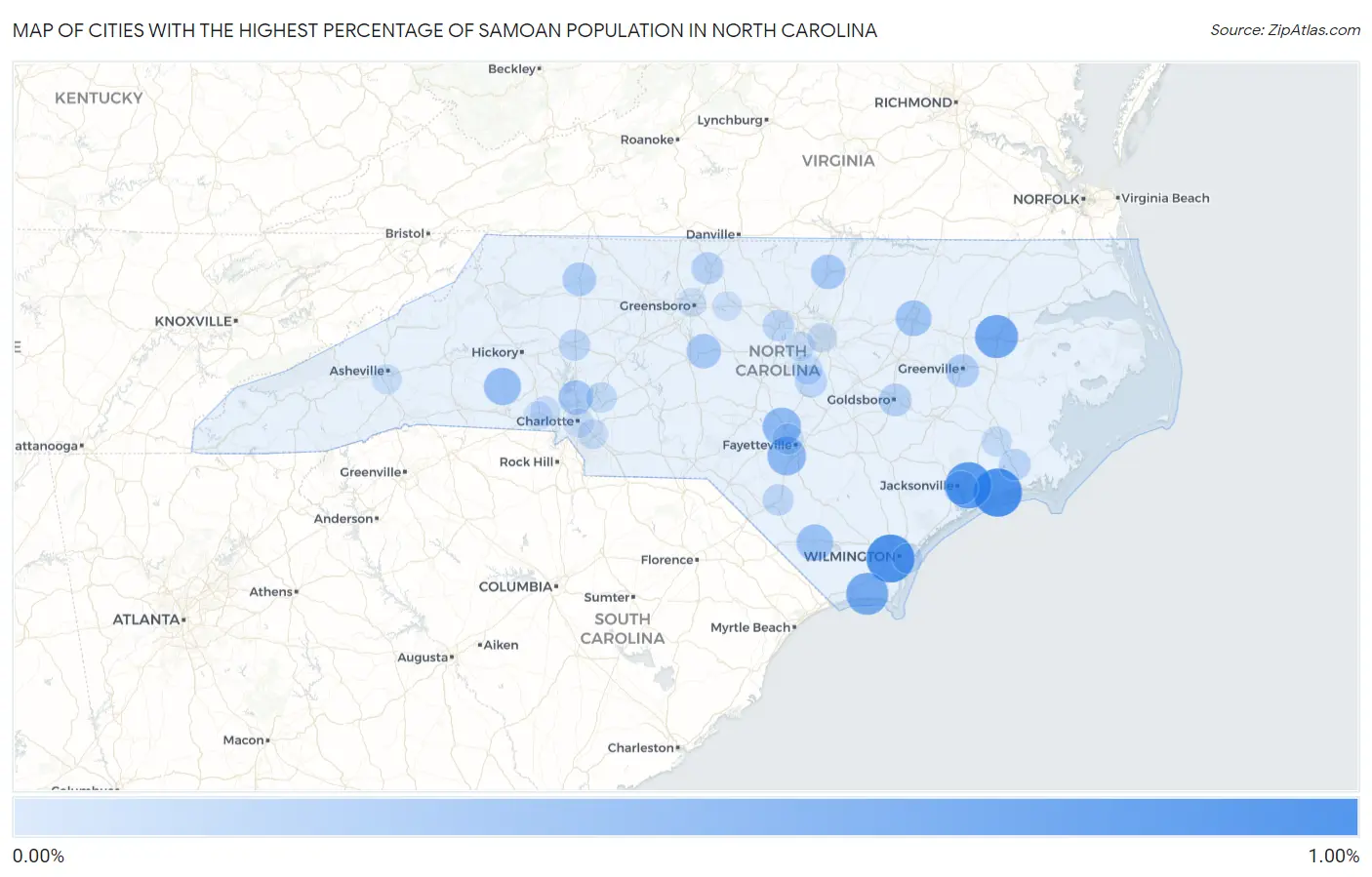 Cities with the Highest Percentage of Samoan Population in North Carolina Map