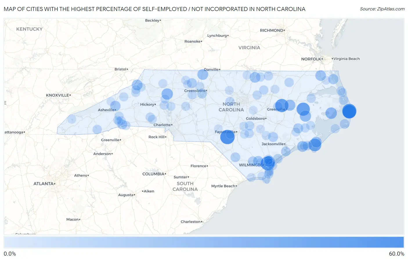 Cities with the Highest Percentage of Self-Employed / Not Incorporated in North Carolina Map