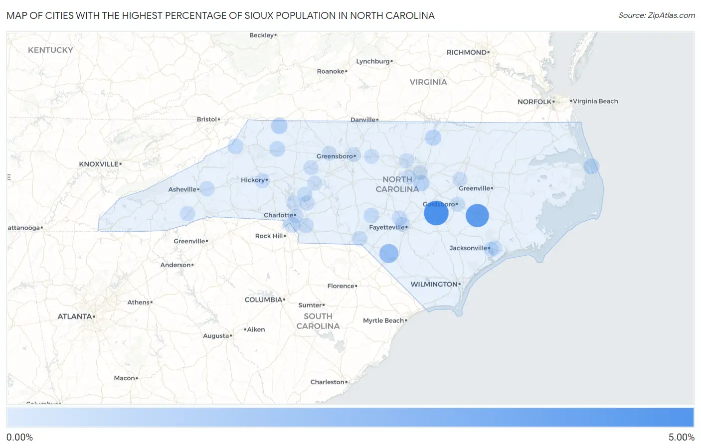 Cities with the Highest Percentage of Sioux Population in North Carolina Map