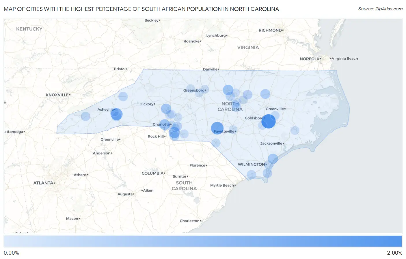 Cities with the Highest Percentage of South African Population in North Carolina Map