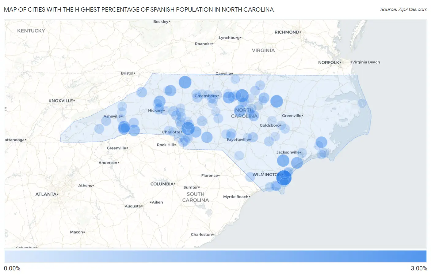 Cities with the Highest Percentage of Spanish Population in North Carolina Map