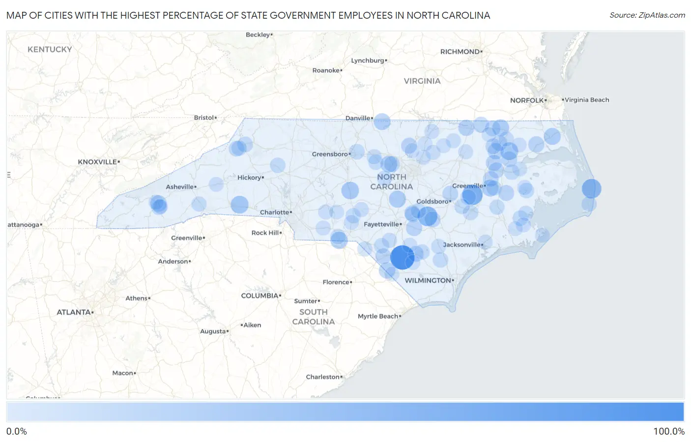 Cities with the Highest Percentage of State Government Employees in North Carolina Map