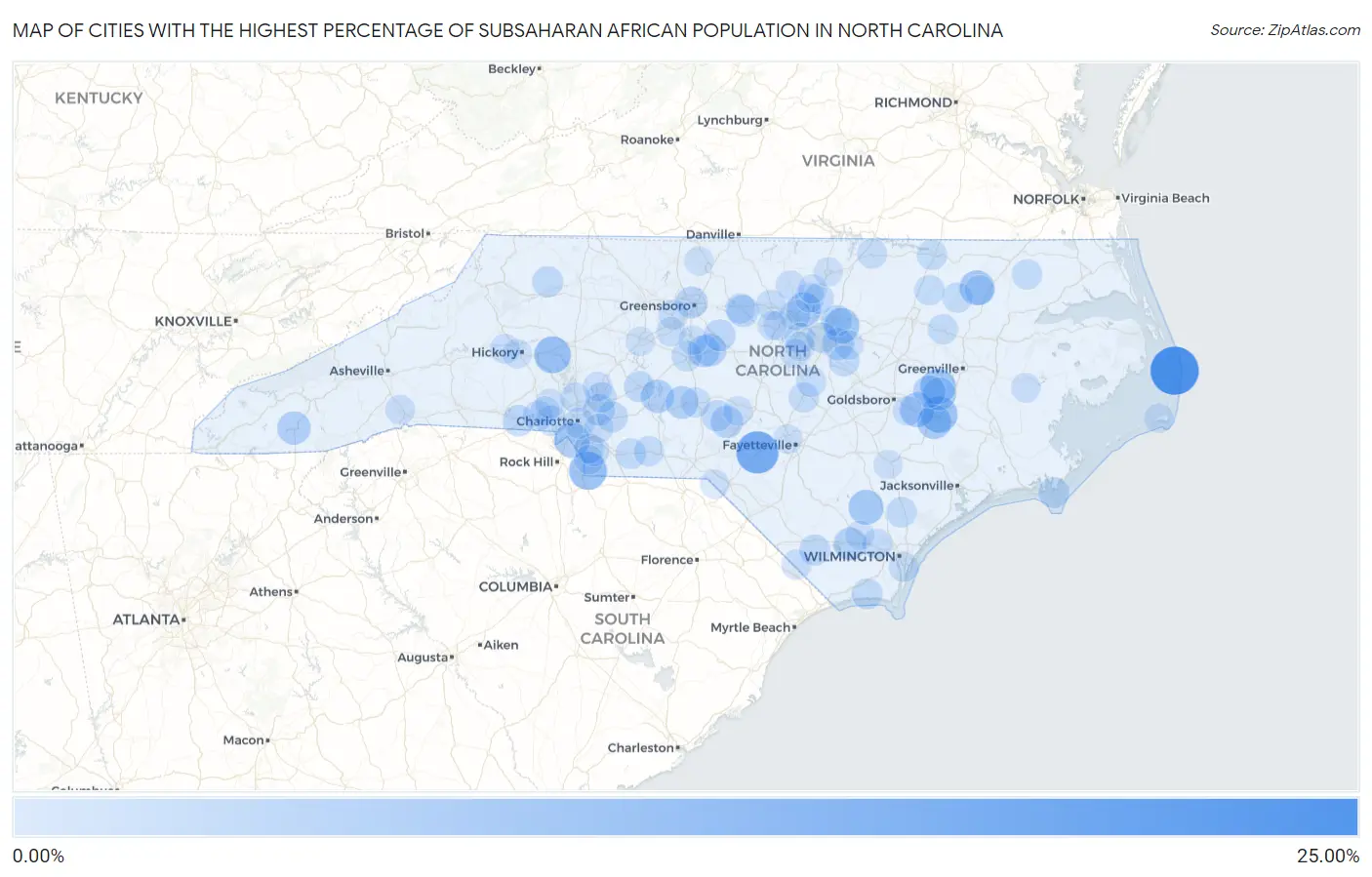 Cities with the Highest Percentage of Subsaharan African Population in North Carolina Map