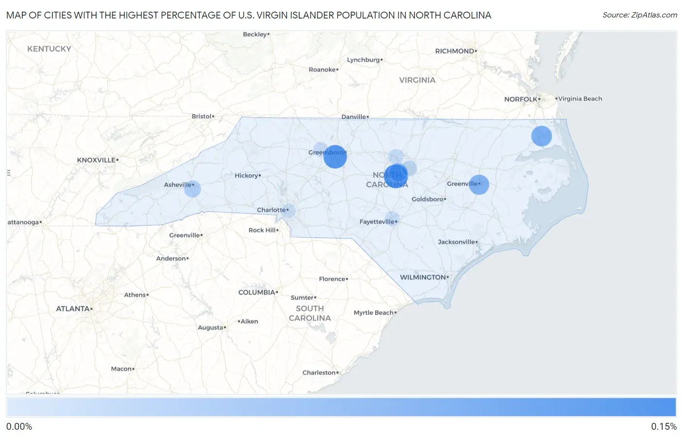 Cities with the Highest Percentage of U.S. Virgin Islander Population in North Carolina Map