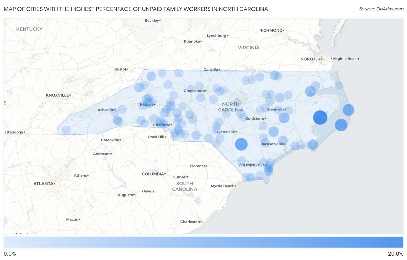 Cities with the Highest Percentage of Unpaid Family Workers in North Carolina Map
