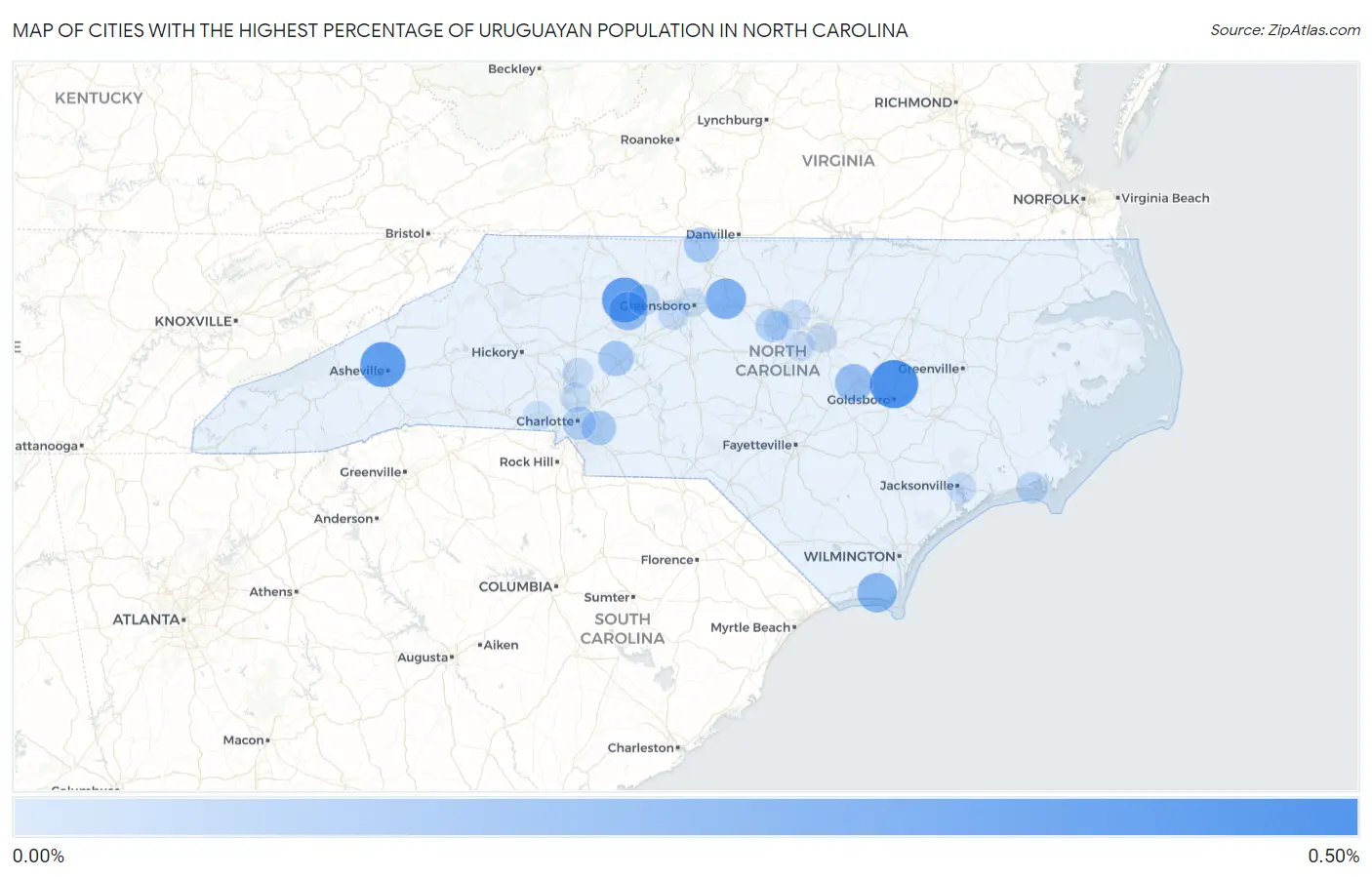 Cities with the Highest Percentage of Uruguayan Population in North Carolina Map