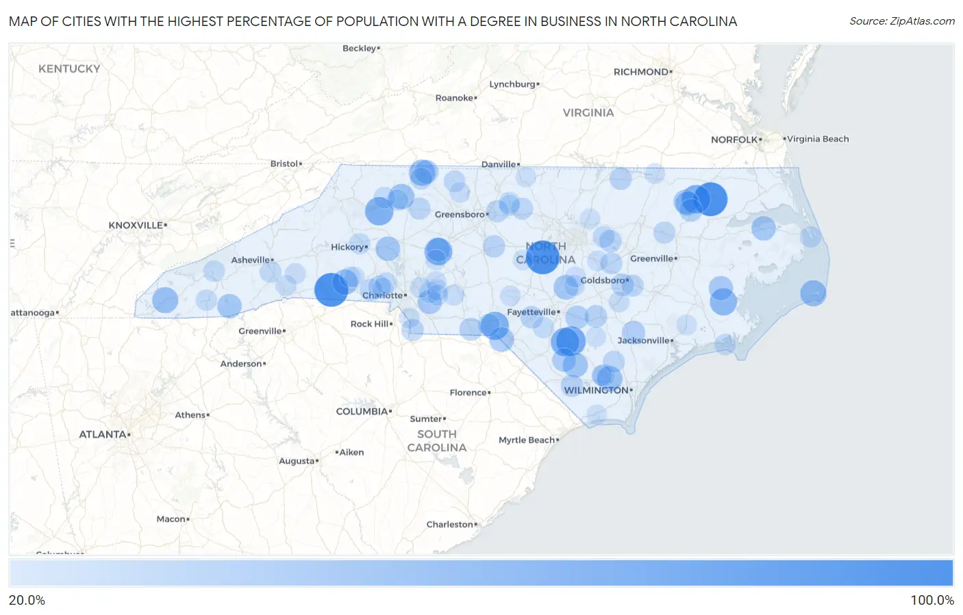 Cities with the Highest Percentage of Population with a Degree in Business in North Carolina Map