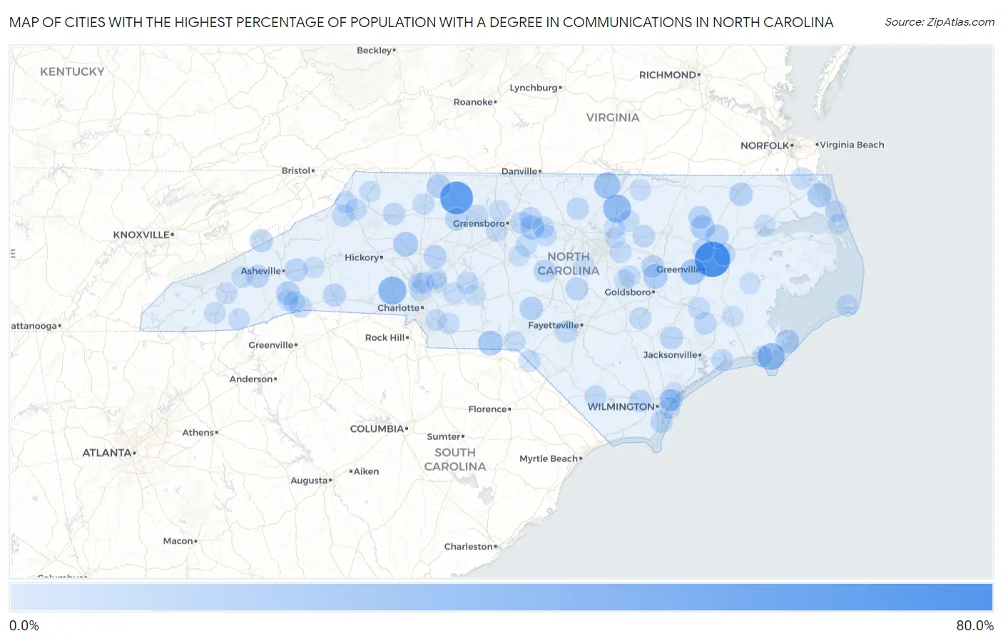 Cities with the Highest Percentage of Population with a Degree in Communications in North Carolina Map