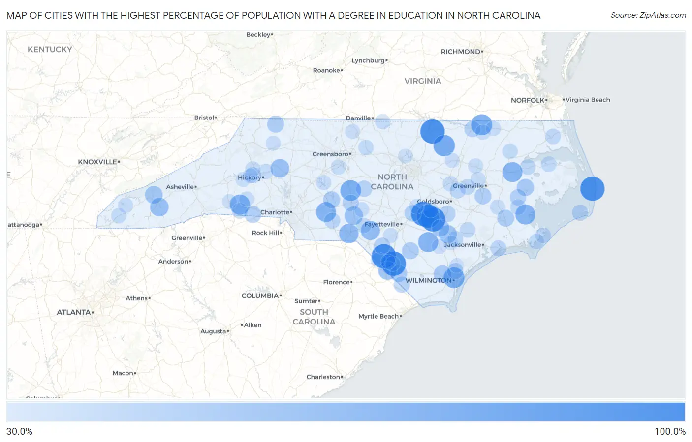 Cities with the Highest Percentage of Population with a Degree in Education in North Carolina Map