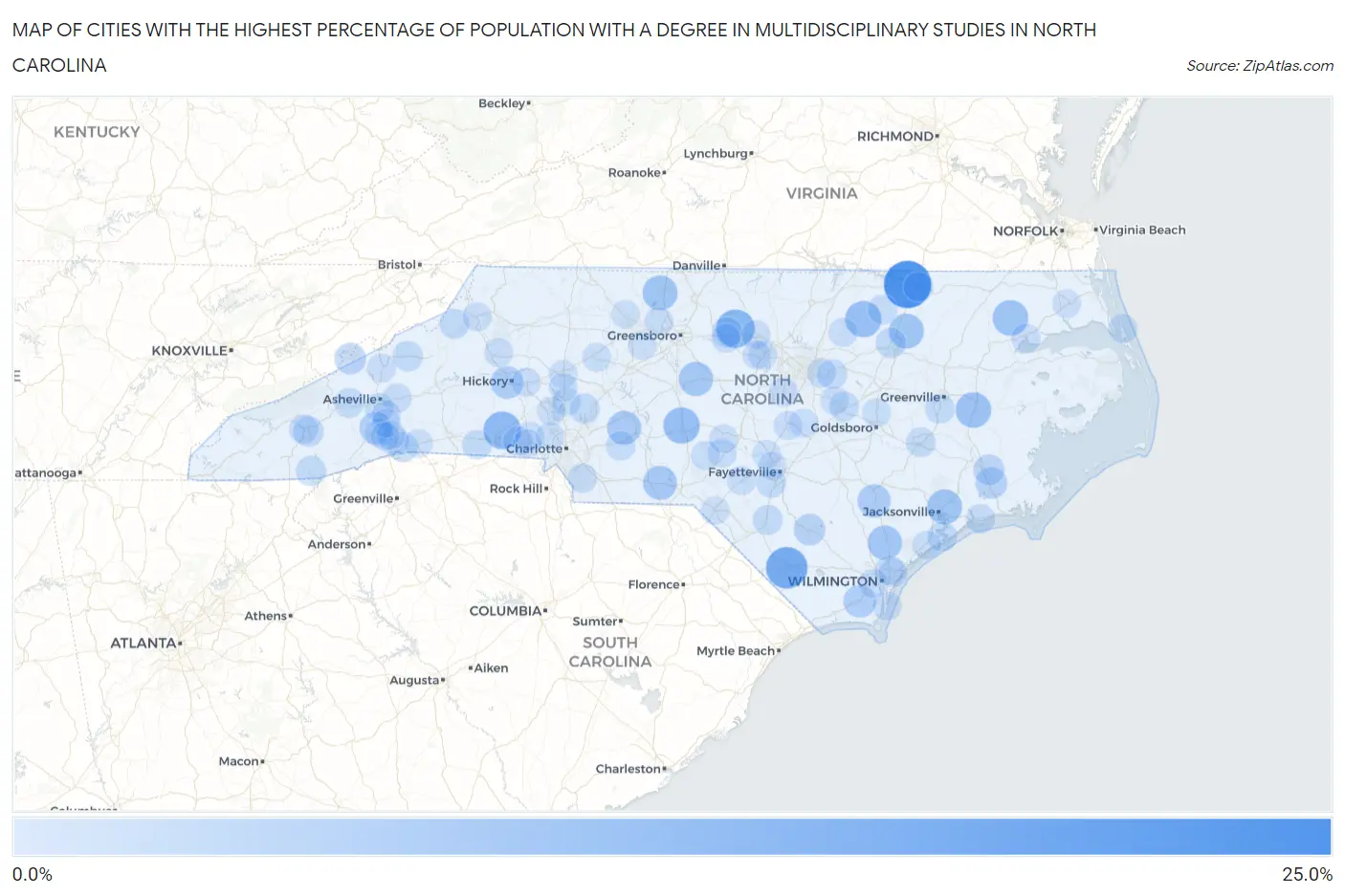 Cities with the Highest Percentage of Population with a Degree in Multidisciplinary Studies in North Carolina Map