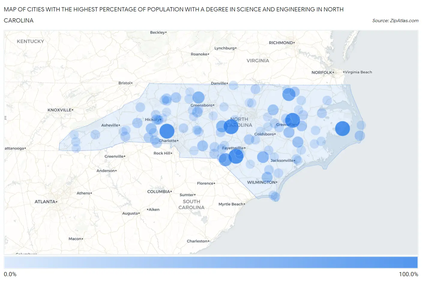 Cities with the Highest Percentage of Population with a Degree in Science and Engineering in North Carolina Map