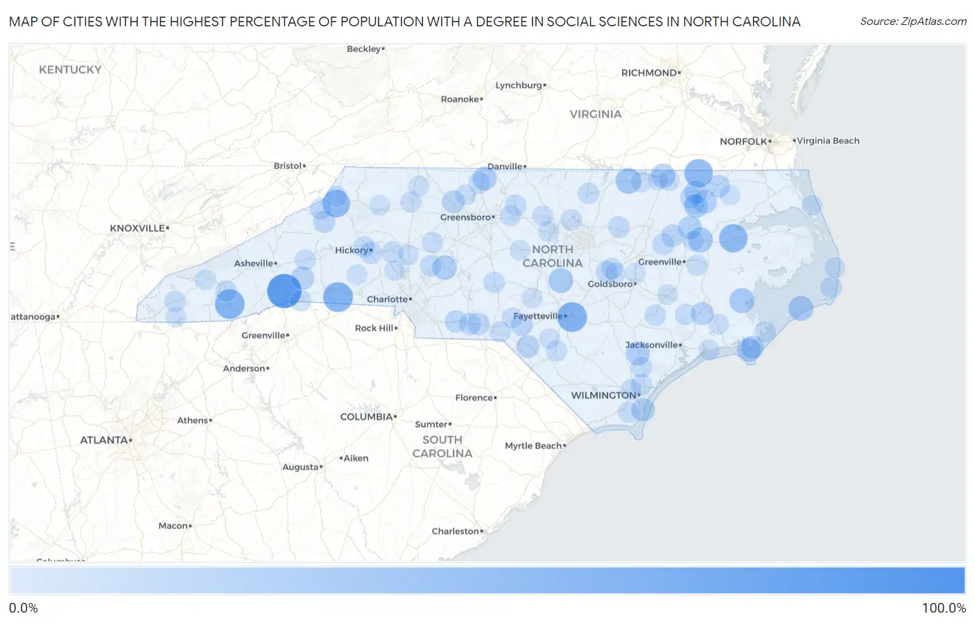 Cities with the Highest Percentage of Population with a Degree in Social Sciences in North Carolina Map