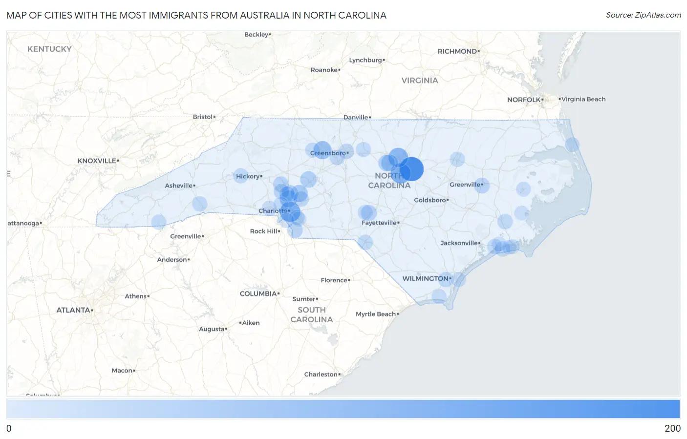 Cities with the Most Immigrants from Australia in North Carolina Map