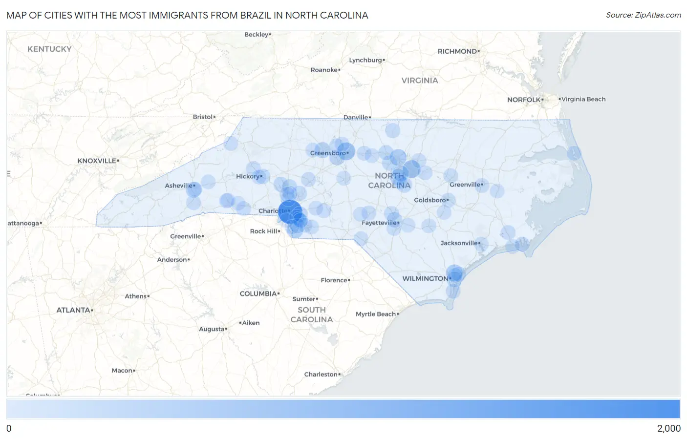 Cities with the Most Immigrants from Brazil in North Carolina Map