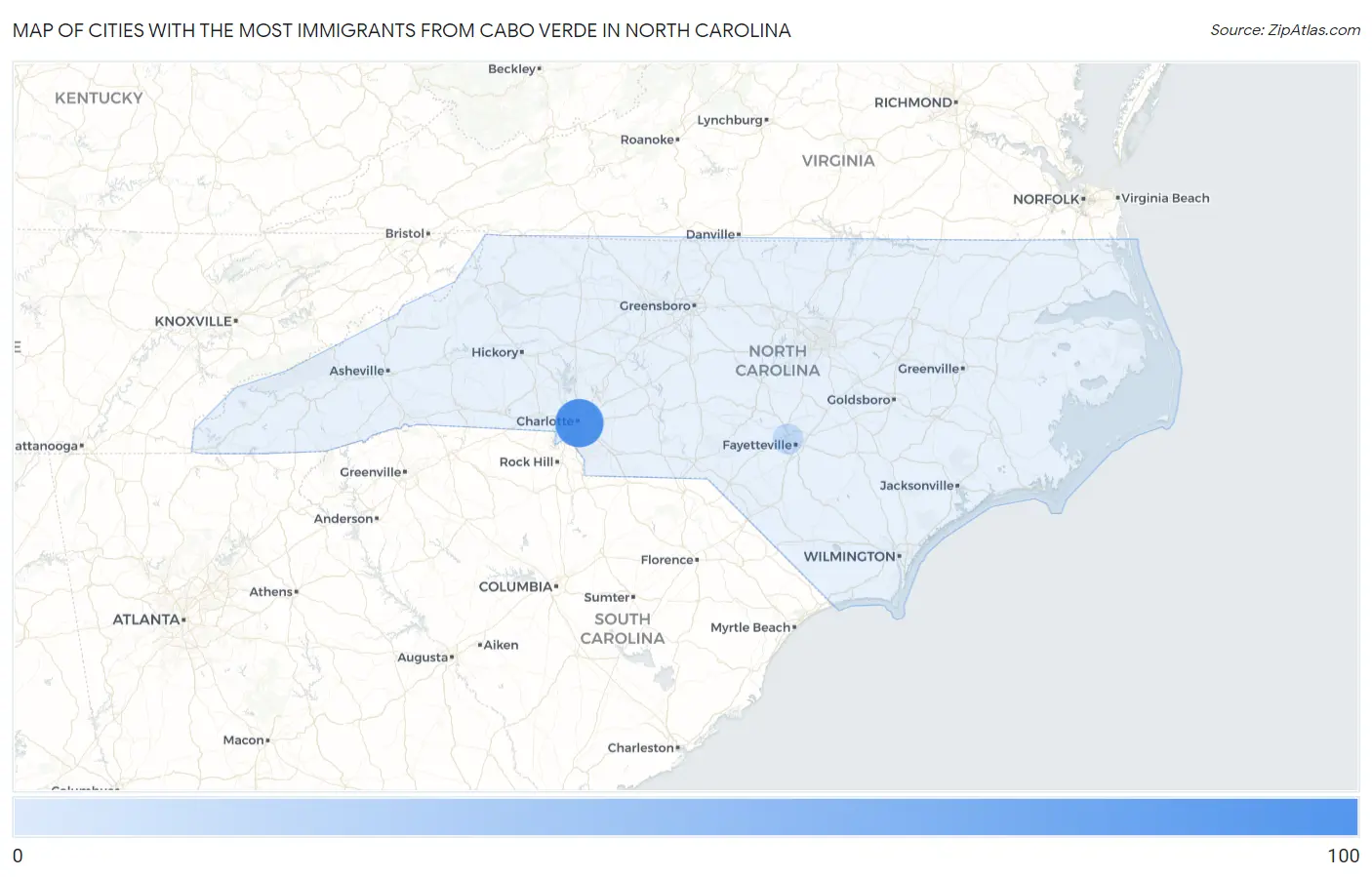Cities with the Most Immigrants from Cabo Verde in North Carolina Map