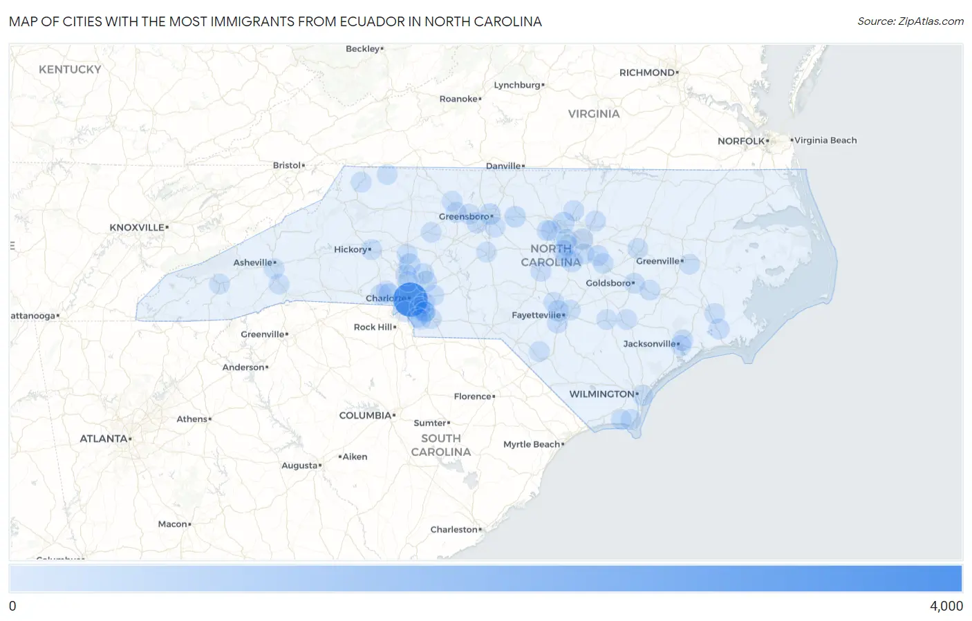 Cities with the Most Immigrants from Ecuador in North Carolina Map