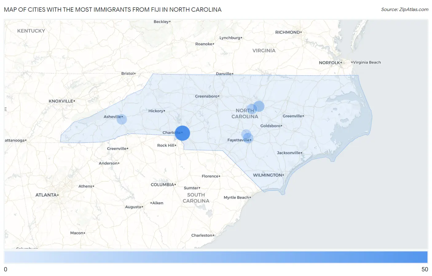 Cities with the Most Immigrants from Fiji in North Carolina Map