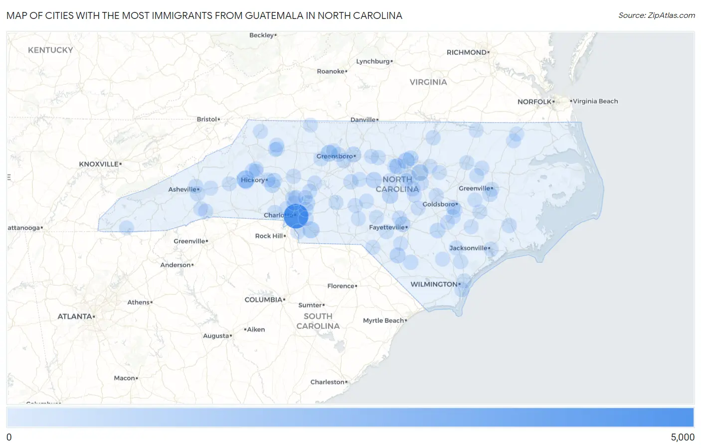 Cities with the Most Immigrants from Guatemala in North Carolina Map