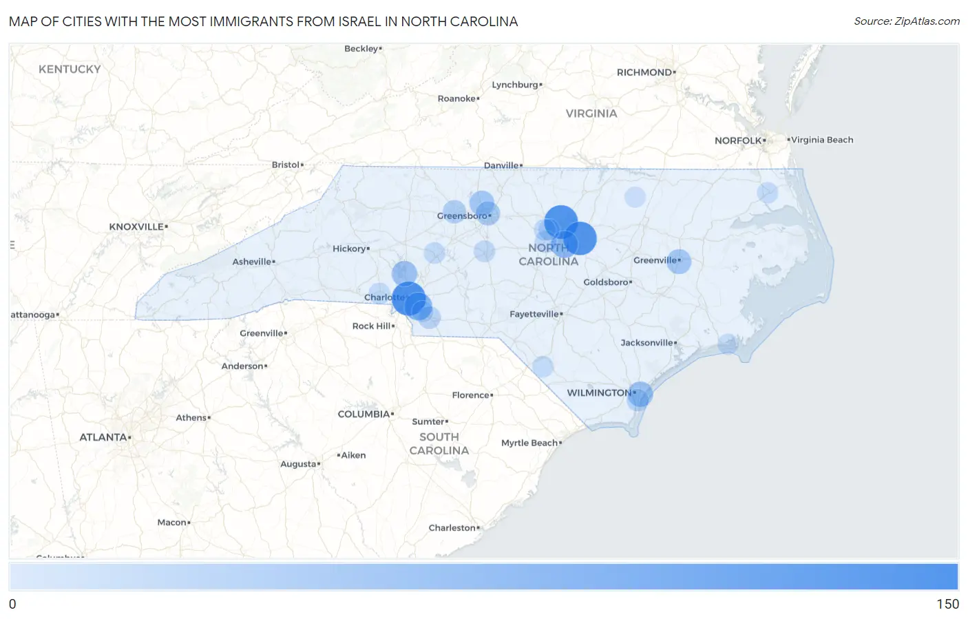 Cities with the Most Immigrants from Israel in North Carolina Map