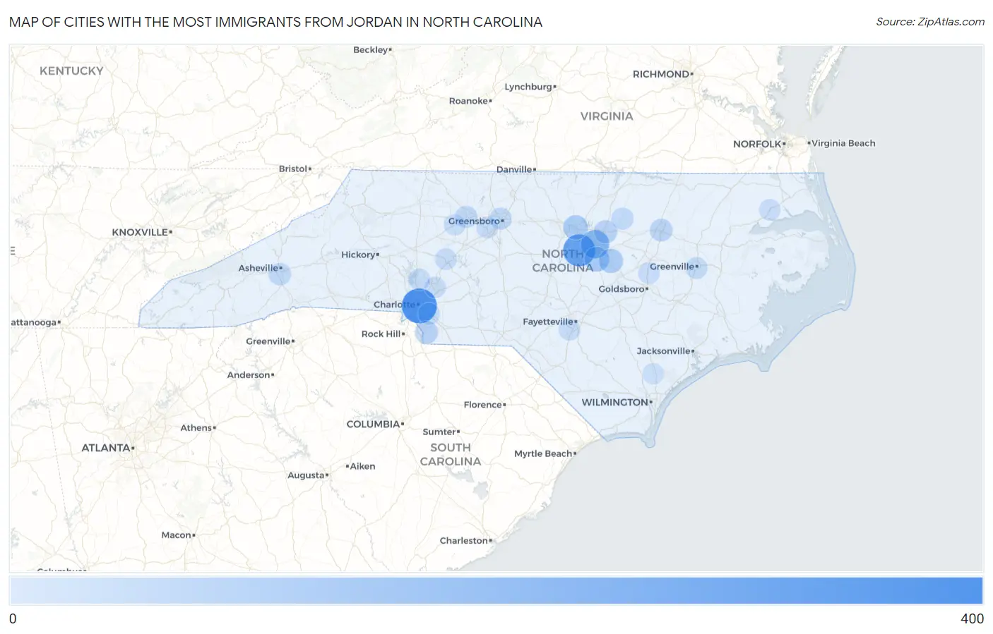 Cities with the Most Immigrants from Jordan in North Carolina Map